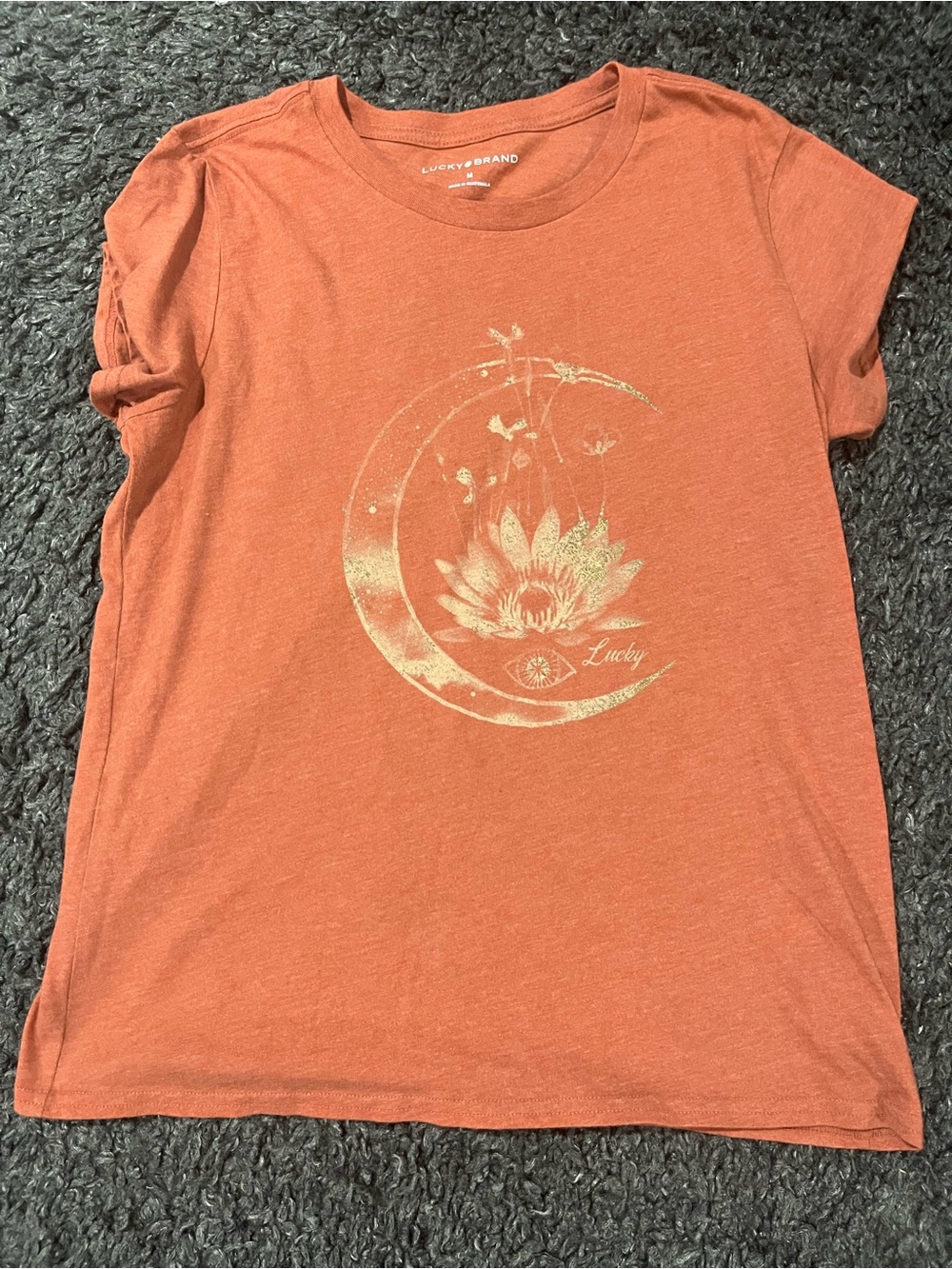 Lucky Brand Women’s Orange Moon Graphic Crew Neck Short Sleeve Tee Size Medium